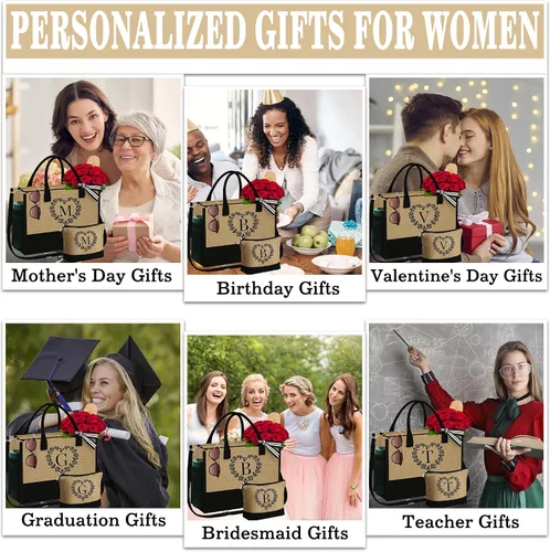 Miniatura 6 de Regalos para mujeres Bolsa de playa inicial y bolsa de maquillaje 2024, regalos de graduación, regalos de cumpleaños para ella mujer
