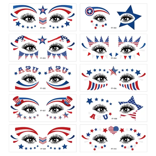 Miniatura 5 de Calcomanías temporales para tatuajes del 4 de julio, Día de la Independencia, 20 hojas de calcomanías de bandera, calcomanías de maquillaje