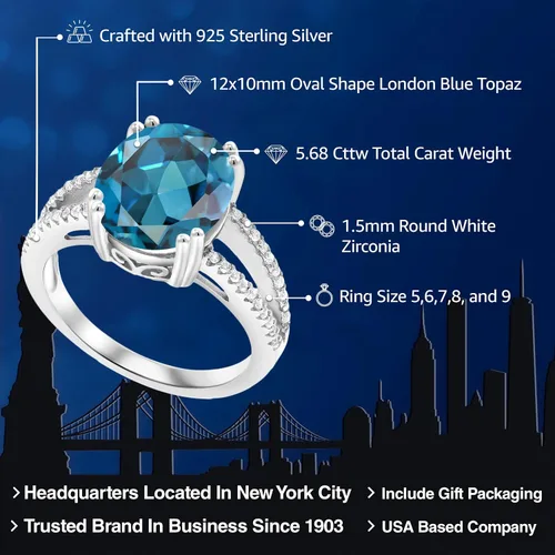 Miniatura 2 de Gem Stone King Anillo de compromiso de topacio azul Londres de 5.68 quilates para mujer en plata de ley 925, ovalado de 0.47 x 0.394 pulgadas
