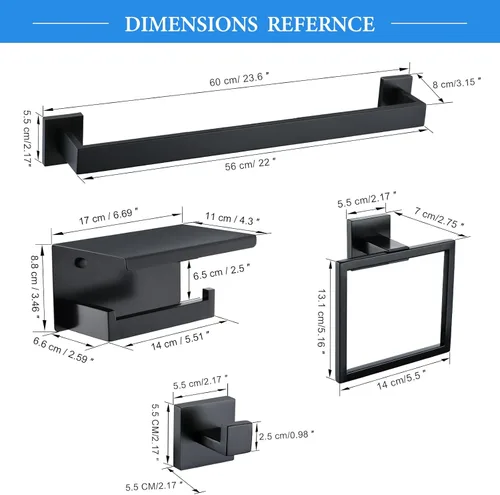 Miniatura 7 de Juego de 6 piezas de accesorios de baño negros de 23.6 pulgadas, juego de toallero doble, toallero, anillo, gancho para abrigo y soporte para papel