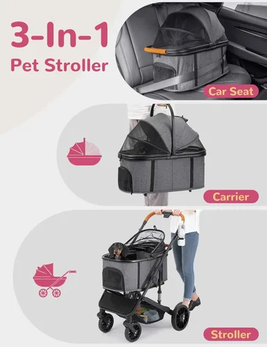 Miniatura 2 de Cochecito para perros pequeños y medianos de hasta 60 libras, cochecito plegable para mascotas con 4 ruedas con transportador desmontable