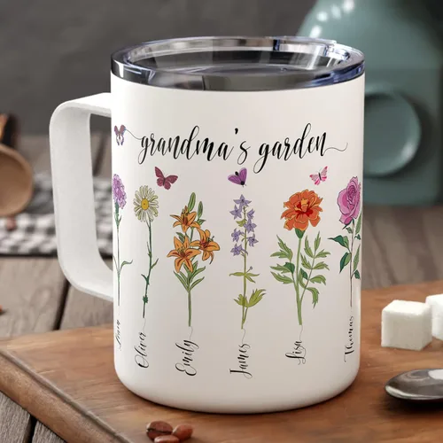 Taza personalizada con aislamiento de flores del mes de nacimiento, taza personalizada para la abuela, taza del día de la madre, jardín de la