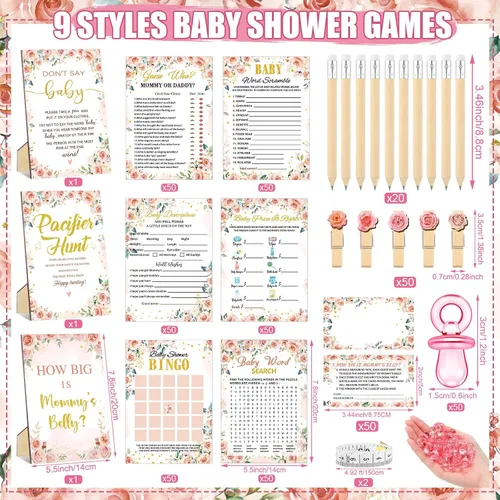 Miniatura 3 de Sherr 476 juegos florales de baby shower, 6 juegos de actividades, tarjeta floral, juego de caza de chupetes, 50 chupetes, qué tan grande es mamá