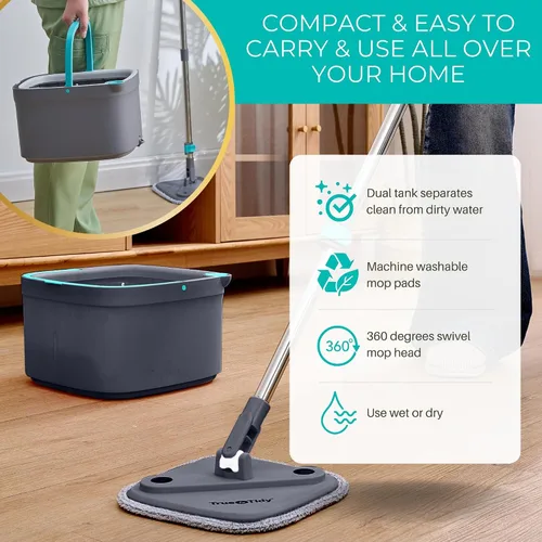 Miniatura 7 de True & Tidy True Clean Sistema de Trapeador Giratorio y Cubo – Diseño de Doble Compartimento para Agua Limpia y Sucia, Cabezal de Trapeador