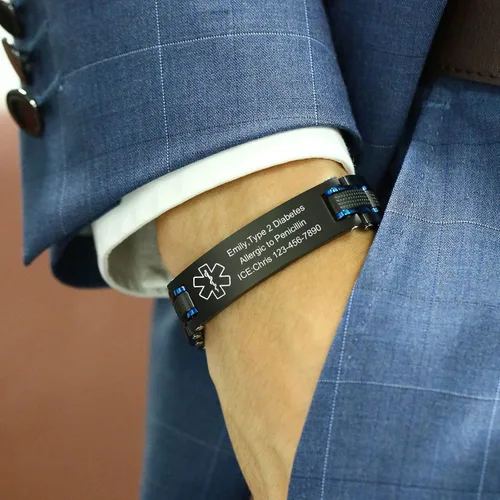 Miniatura 4 de VNOX Pulseras de identificación de alerta médica de emergencia de dos tonos para hombres, esposo, padre