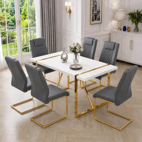 Miniatura 27 de Juego de mesa de comedor moderna de 55 pulgadas para 4, mesa de comedor negra y marco de metal dorado, mesa de comedor rectangular con 4 sillas