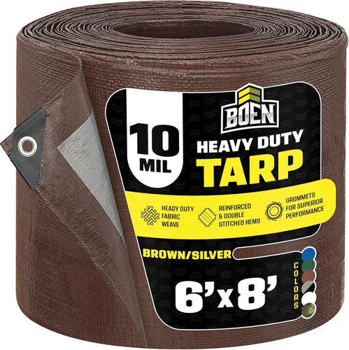 Lona resistente impermeable | Marrón/plata, 6' x 8' de 10 mil de grosor | Lonas a prueba de rasgaduras | Material de tejido grueso, resistente a los