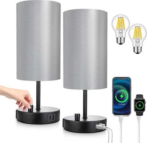 Miniatura 13 de LTBLIGHT Lámpara de mesita de noche con puerto USB + salida de CA, lámpara de escritorio regulable de 3 vías, lámpara pequeña de base blanca