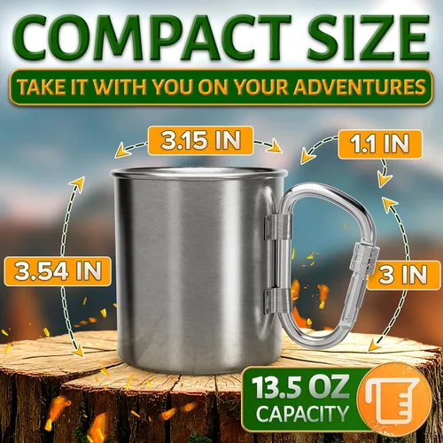 Miniatura 2 de Taza de camping de 13.5 onzas con asa de mosquetón, diseño ligero y con clip, taza de camping de acero inoxidable para mochileros, senderismo