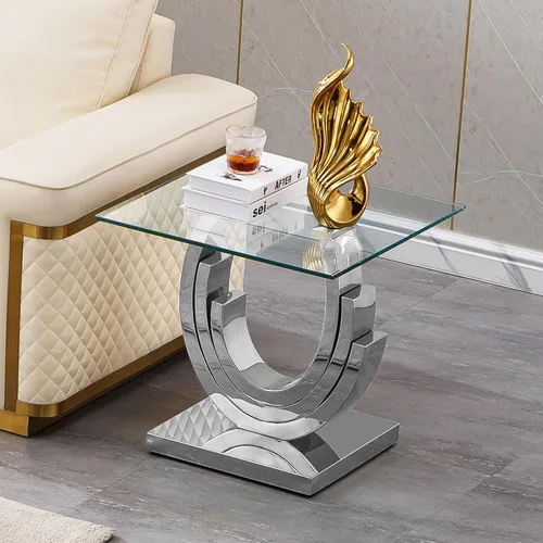 Miniatura 51 de SSLine Mesa auxiliar de cristal de lujo para sala de estar, mesa auxiliar moderna dorada con base de pedestal de acero inoxidable en forma de flor