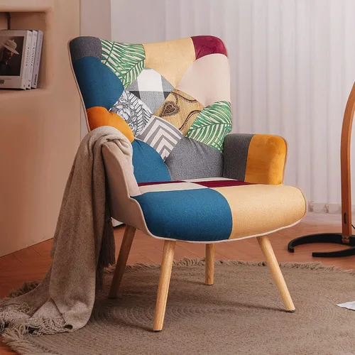 Miniatura 11 de Joysoul Silla decorativa para sala de estar, sillón moderno con respaldo alto, silla de tela de retazos bohemios, silla de lectura tapizada colorida