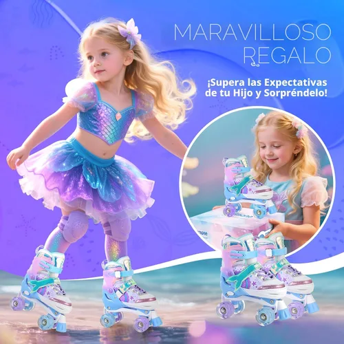 Miniatura 4 de NEMONE - Patines de sirena con ruedas iluminadas y 4 tamaños ajustables para niñas, azul y morado, para niños pequeños, para principiantes, de A