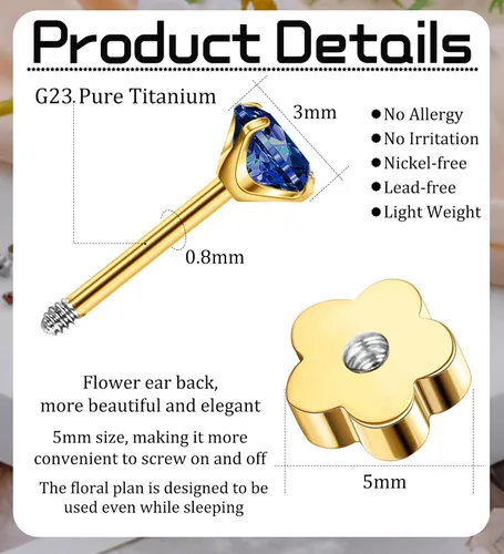 Miniatura 19 de Aretes de titanio G23 hechos a mano de 0.118 in, chapados en oro de 14 quilates, pequeños 5A+CZ, aretes de cartílago hipoalergénicos, aretes