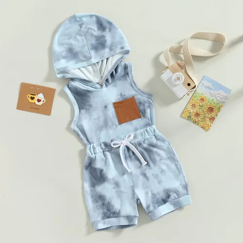 Miniatura 2 de JLKGICF Conjunto de ropa de verano para bebés y niños pequeños, a rayas, lisos, teñido anudado, sin mangas, con bolsillo, sudadera con cordón