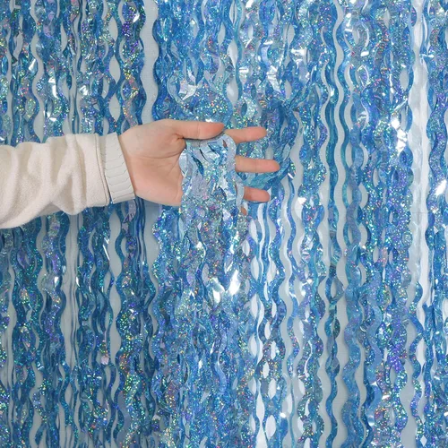 Miniatura 14 de Paquete de 4 cortinas telón de fondo de flecos de lámina metálica ondulada azul aguamarina de 3.3 pies x 6.6 pies - Cortinas de lámina metálica