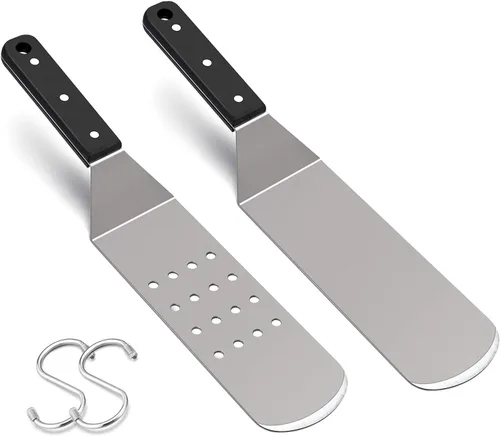 HaSteeL Espátula de plancha de metal, acero inoxidable larga con mango remachado, girador de hamburguesas perforado resistente y sólido para cocinar