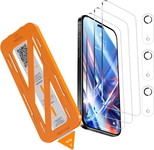 QHOHQ [Instalación automática en 1 segundo] Paquete de 3 protectores de pantalla para iPhone Air + 3 protectores de lente de cámara, vidrio templado