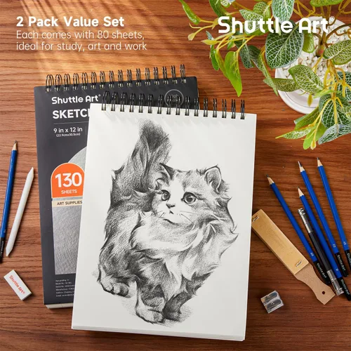 Miniatura 5 de Shuttle Art Bloc de dibujo de 9 x 12 pulgadas, 260 hojas (68 libras/3.53 oz/m²), paquete de 2, 130 hojas cada una, cuaderno de bocetos encuadernado