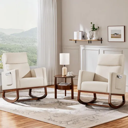 Miniatura 2 de Yaheetech Mecedora tapizada para cuarto de bebé, con patas de madera de goma, bolsillo lateral, sillón con respaldo alto para sala de estar, Beige