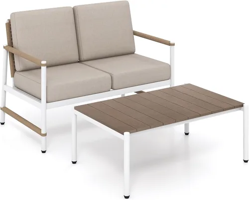 Tangkula Juego de muebles de patio de 2 piezas, juego de conversación de aluminio para exteriores con cojines gruesos, sofá biplaza de patio con
