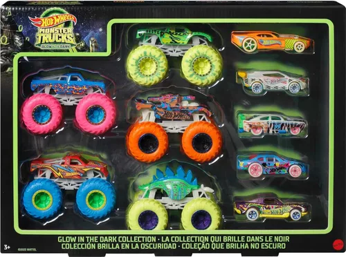 Hot Wheels Toy Monster Trucks - Paquete de 10 vehículos a escala 1:64 que brillan en la oscuridad, juego de 5 camiones y 5 autos, vehículos de juego