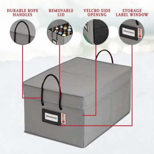 Miniatura 4 de Caja con divisores para guardar hasta 72 adornos navideños de 3 pulgadas de forma práctica, cubos grandes de tela de alta calidad con 3 bandejas Gris