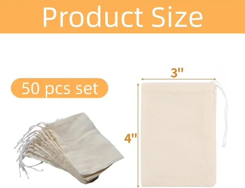 Miniatura 2 de Paquete de 50 bolsas de muselina de algodón natural reutilizables con cordón, bolsas de té reutilizables sin blanquear, bolsas de especias