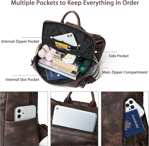 Miniatura 5 de OPAGE Mochila Bolso para Mujeres de Cuero Diseñador de Moda Mochila Bolso Mochila de Viaje Bolsas de Hombro para Damas con Muñequera, Mochilas