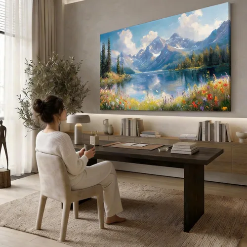 Miniatura 3 de Inzlove Large Canvas Wall Art 48" L x 24" W - Snow Mountain Lake Landscape Painting, Meadow Wildflowers Art Print, Rustic Farmhouse Decor for Living