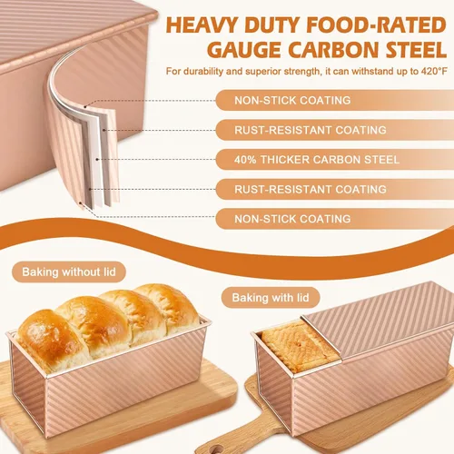 Miniatura 7 de Paquete de 2 moldes para pan con tapas, capacidad de masa de 1 libra, molde para pan Pullman de acero al carbono antiadherente para sándwich casero