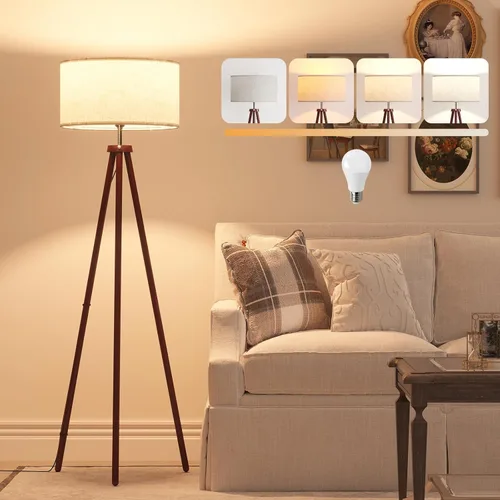 Miniatura 8 de LiteHistory Lámparas de pie de trípode de madera para sala de estar, dormitorio y oficina, lámpara de pie con pantalla de lino beige, bombilla