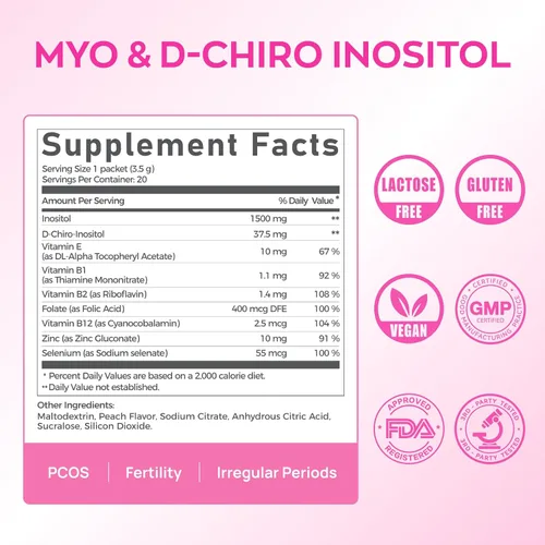 Miniatura 7 de Gynable - Suplemento de mio-inositol y D-Chiro inositol para mujeres, proporción 40:1, paquetes de mezcla de bebida en polvo de melocotón, apoya
