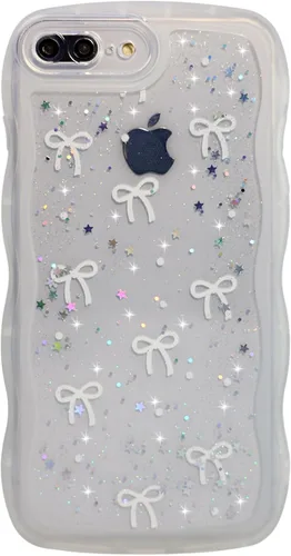 Miniatura 132 de Qokey Funda para iPhone 12 Pro Max de 6.7 pulgadas, diseño de onda rizada, borde transparente, brillante con purpurina, estrella brillante, bonita