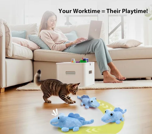 Miniatura 7 de Juguetes interactivos para gatos de interior – Juguete de caza de cocodrilo con carga automática con movimiento de 360°, cola meneante y hierba