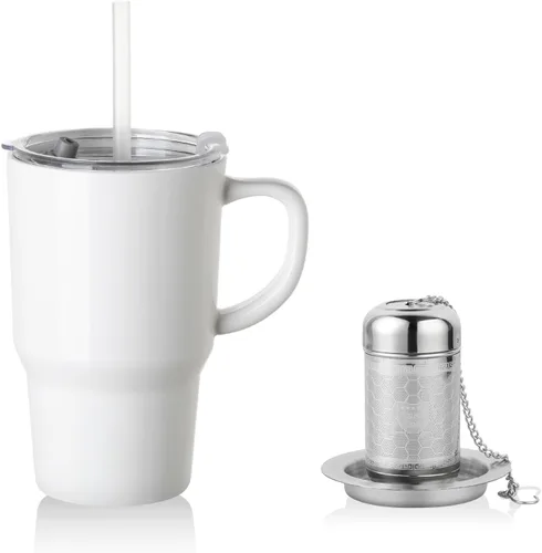 Miniatura 21 de Sweejar Taza infusora de té de porcelana con tapa, taza de té de 16 onzas con coladores para té de hojas sueltas, taza de café apta para microondas