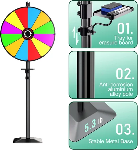 Miniatura 5 de Rueda de premio de 24 pulgadas, soporte de piso de doble uso o altura ajustable, rueda giratoria de alta resistencia con 12 ranuras, borrado en seco
