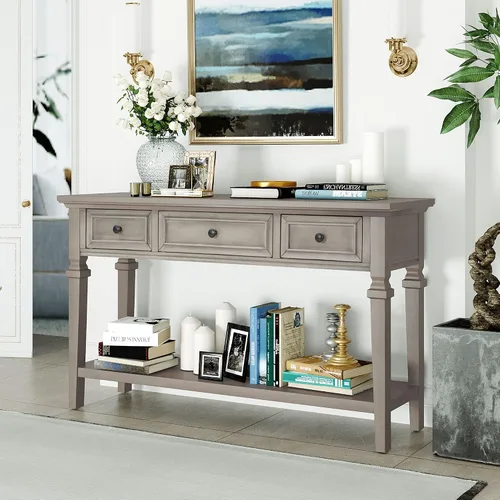 Miniatura 9 de RuiSiSi Mesa consola de granja con 3 cajones y estante inferior, mesa de sofá de madera maciza para sala de estar, comedor, entrada, gris lavado