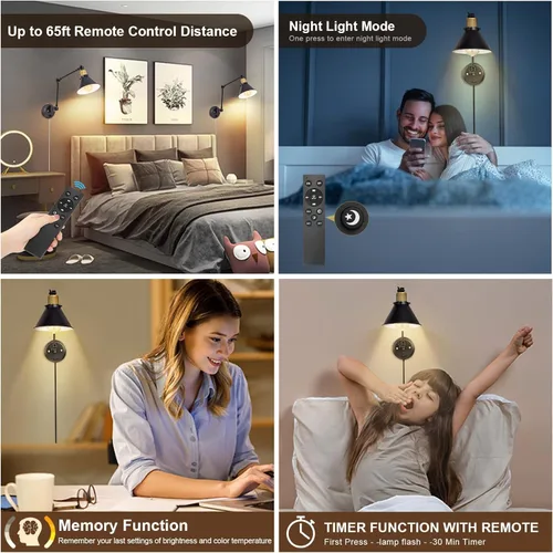 Miniatura 5 de TRLIFE Aplique de pared regulable, apliques de pared con control remoto, atenuación de 10% a 100% y temperatura de color ajustable de 2700 K-6000 K