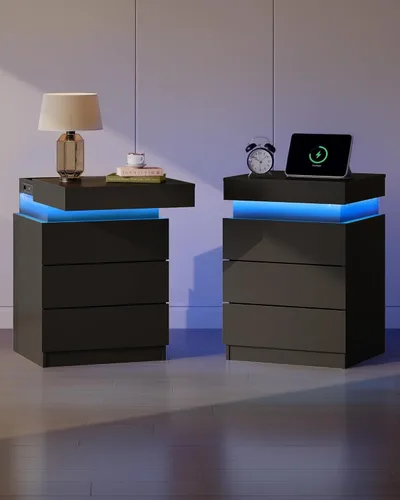 Miniatura 13 de WLIVE Mesita de noche negra con estación de carga y luces LED, mesita de noche con 2 cajones de madera y parte superior deslizante, mesa auxiliar