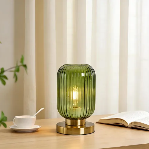 Miniatura 9 de NKU Lámpara de mesa moderna de mediados de siglo con pantalla de vidrio acanalado ámbar y acabado dorado, luz regulable para mesita de noche