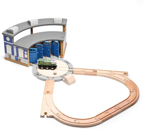 Pista de tren de madera SainSmart Jr. con casa de locomotoras - Juguete ferroviario para niños pequeños, pistas de doble cara compatibles con todas
