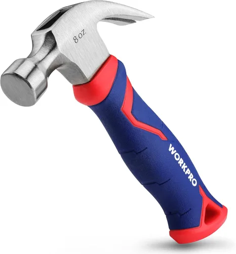WORKPRO Martillo de garra de 8 onzas con mango de fibra de vidrio, martillo multiusos con cabeza de acero endurecido forjado
