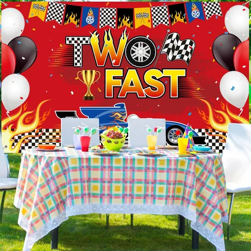 Miniatura 7 de Oudain Telón de fondo de cumpleaños con dos carteles de carreras de coches, decoración de fiesta temática de automóvil, fondo de fotos, suministros