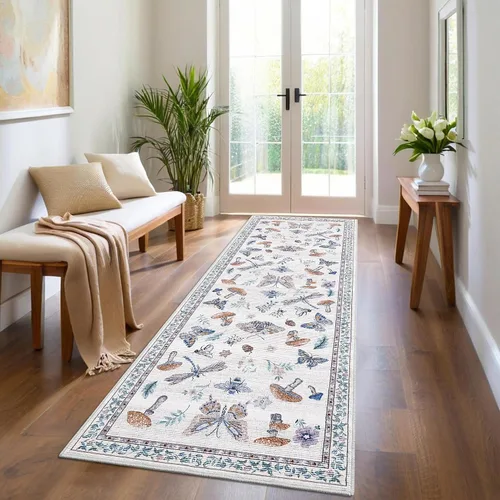 Miniatura 3 de ROYHOME - Alfombra con diseño de hongos e insectos, para pasillos, cocina o baño, antideslizante, lavable, suave, larga, 2 x 6, beige