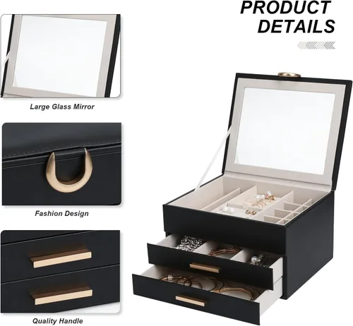 Miniatura 19 de Elegant Gift Jewelry Box with Mirror - 3-Layer Organizer for Earrings, Rings, Necklaces, Ready to Give for Birthday Anniversary Christmas Apricot