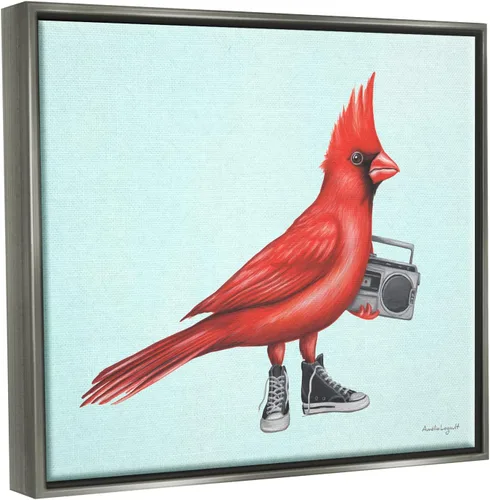 Miniatura 2 de Stupell Industries Cardinal Bird Negro Zapatillas Retro Boombox Ilustración, Diseño por Amelie Legault Flotador gris enmarcado