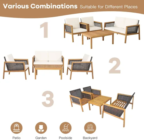 Miniatura 7 de COSTWAY Juego de muebles de mimbre para patio, sofá de mimbre para exteriores con marco de madera de acacia, mesa auxiliar y cojines