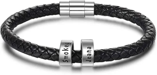 Pulsera personalizada con nombres trenzados negros para hombre, hecha a medida con abalorios, joyería inspiradora familiar, regalo para papá, Cuero,
