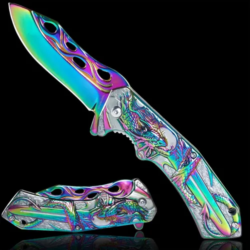 Miniatura 6 de Vividstill Navaja de bolsillo para hombres, genial cuchillo plegable de bolsillo 3D DRAGÓN con clip, gran regalo EDC para hombres, ideal para Dorado
