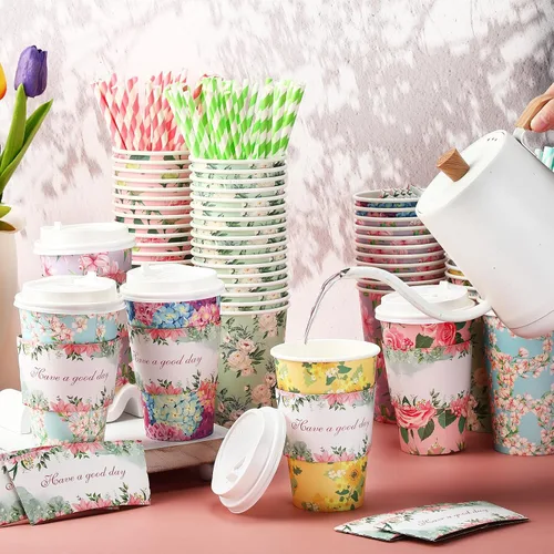 Miniatura 4 de Jingmore Juego de 120 tazas de café de papel desechables de 16 onzas con tapas, fundas para pajitas, vasos de papel para bebidas frías calientes